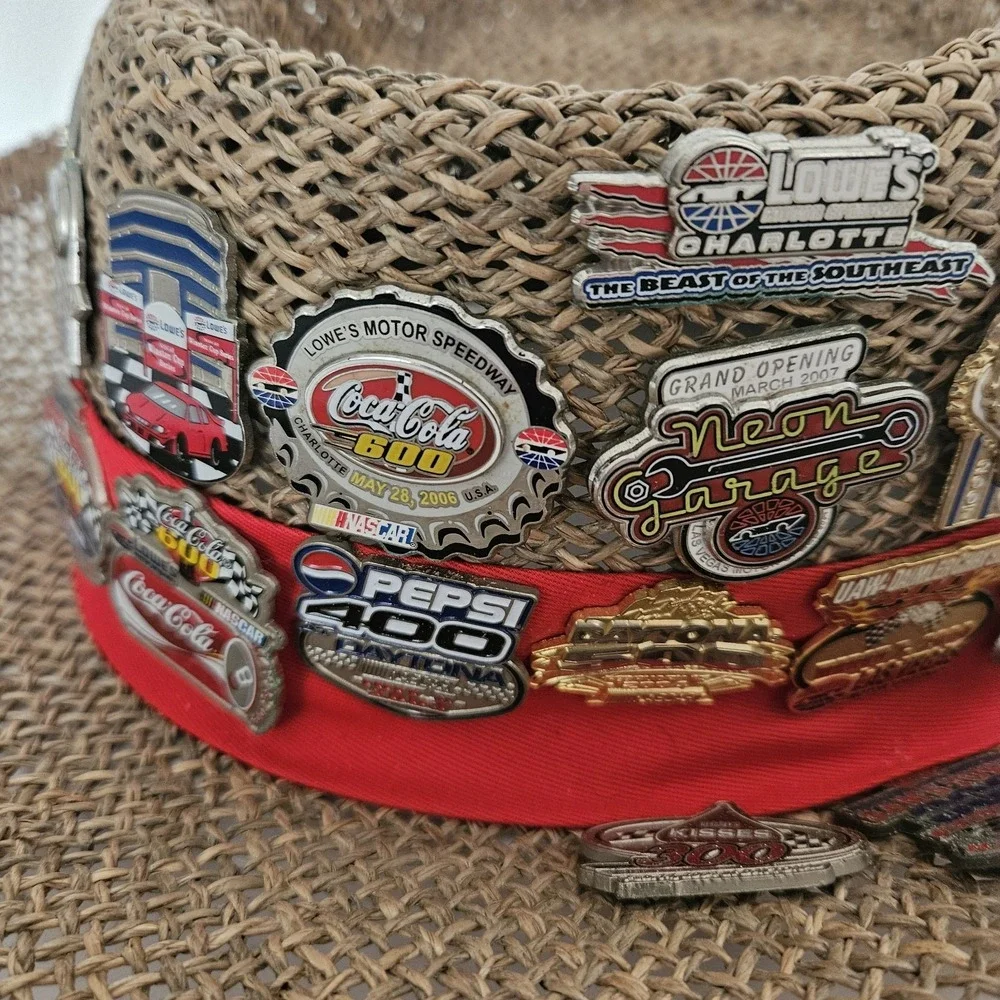 Dale Earnhardt Straw Hat With 40 Racing Pins NASCAR Automobile Some Vintage